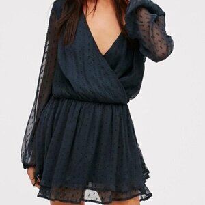 Free People Sheer Textured Long Sleeve Surplice Mini Dress Top S Dark Navy Blue